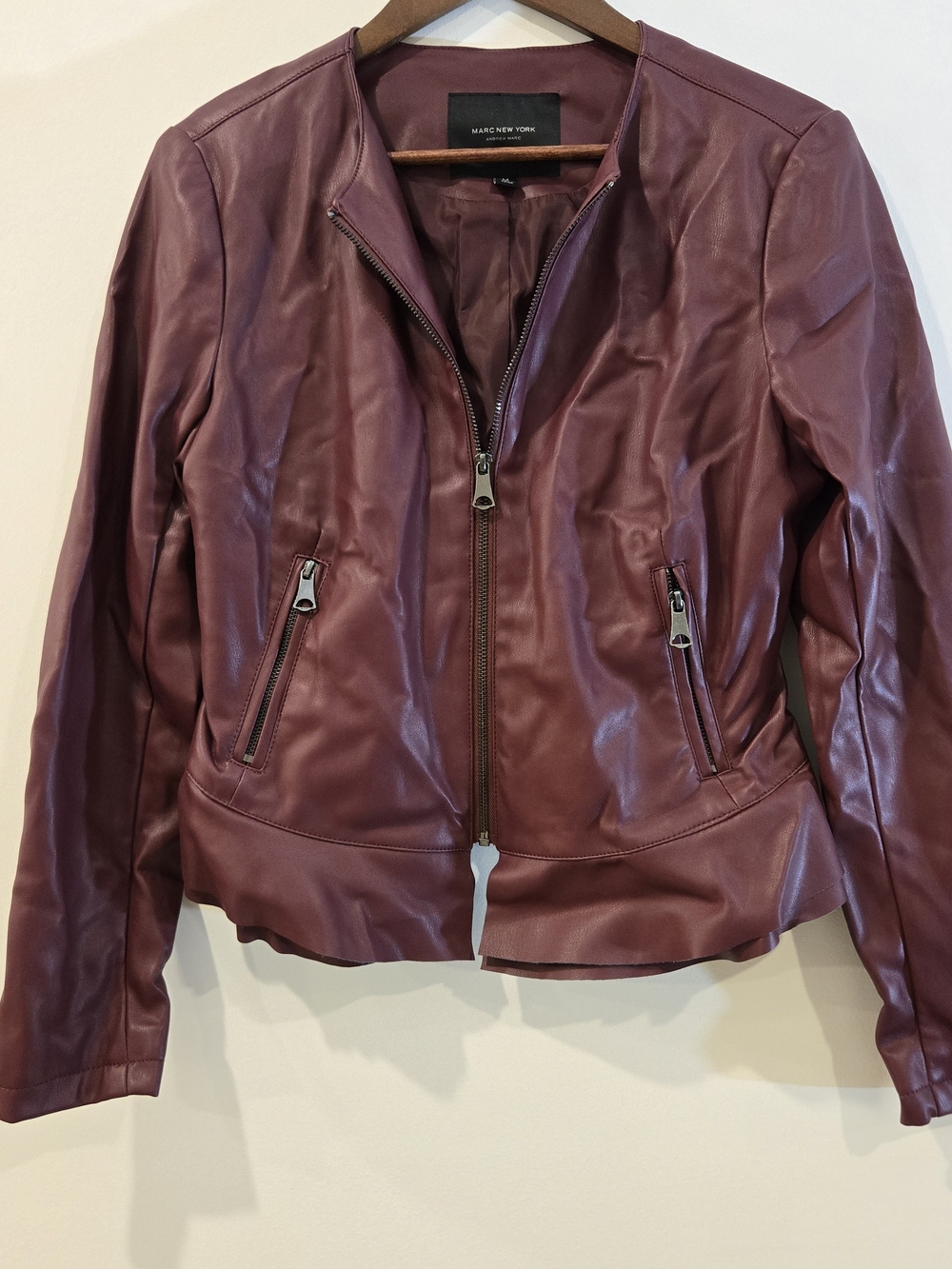 Marc New York Burgundy Faux Leather Jacket Sz M  Ruffled Edge Quality Womens